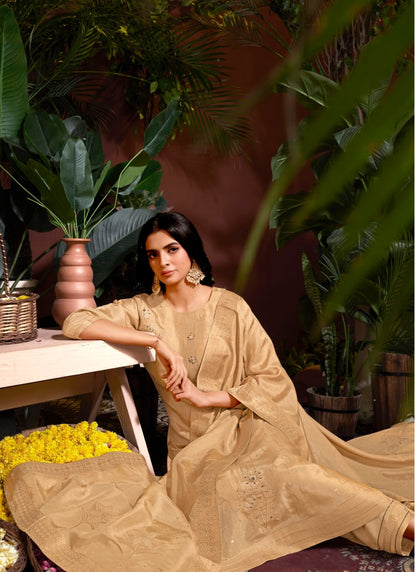 Beige Viscose Pant Style Salwar Suit With Embroidery and Butti Work