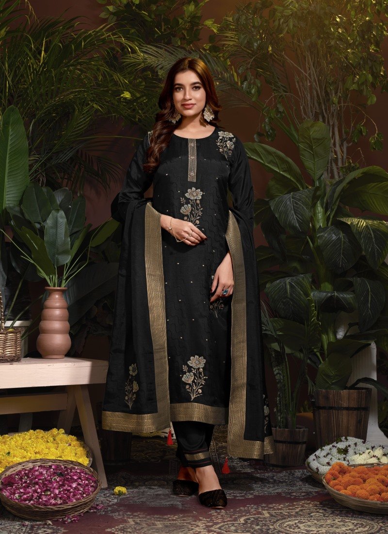 Black Viscose Pant Style Salwar Suit With Embroidery and Butti Work