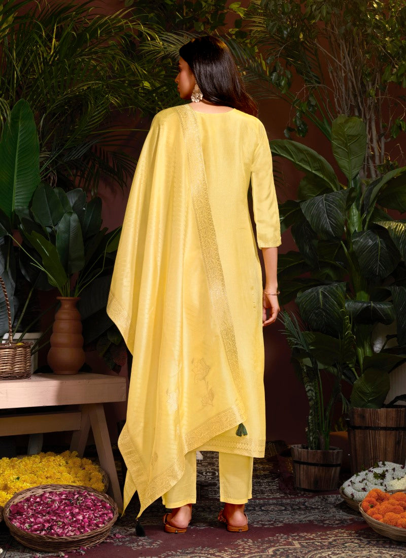 Yellow Viscose Pant Style Salwar Suit With Embroidery and Butti Work