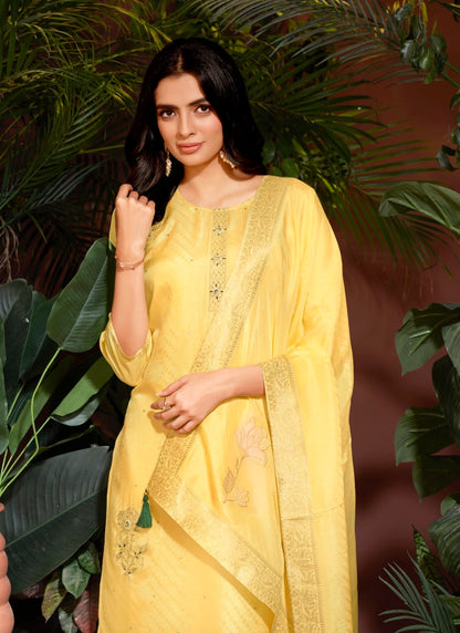 Yellow Viscose Pant Style Salwar Suit With Embroidery and Butti Work