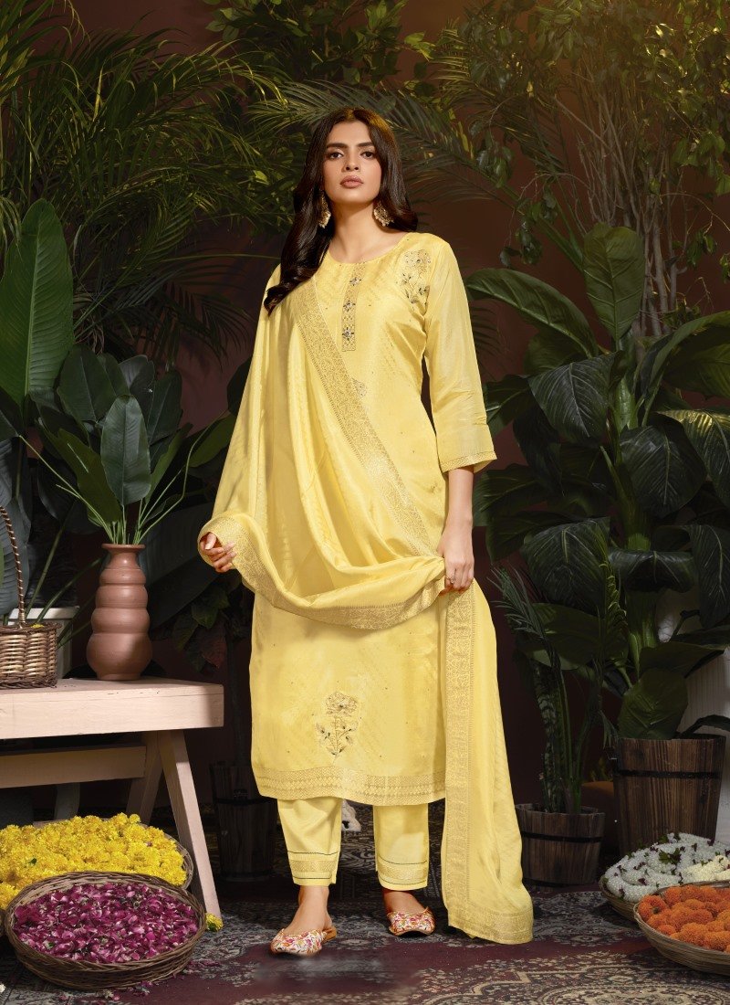 Yellow Viscose Pant Style Salwar Suit With Embroidery and Butti Work