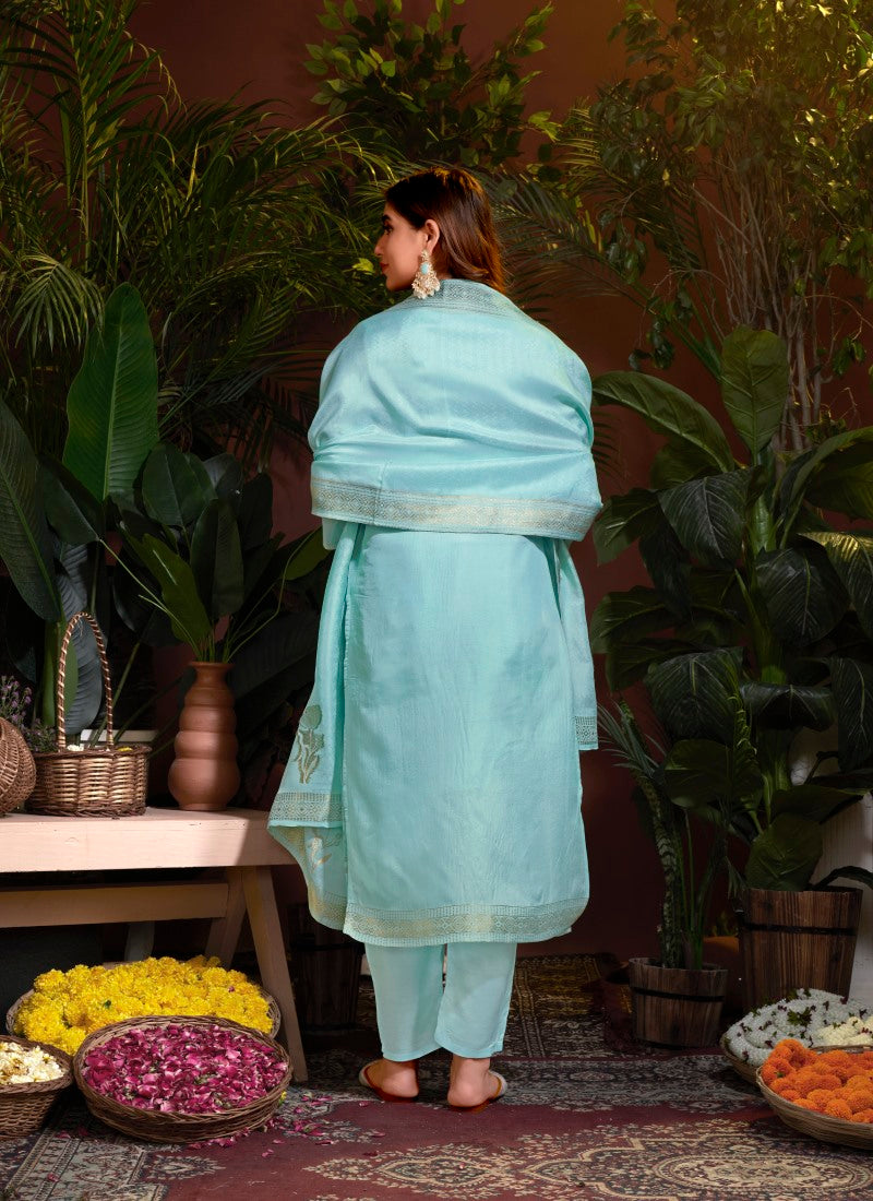 Sky Blue Viscose Pant Style Salwar Suit With Embroidery and Butti Work