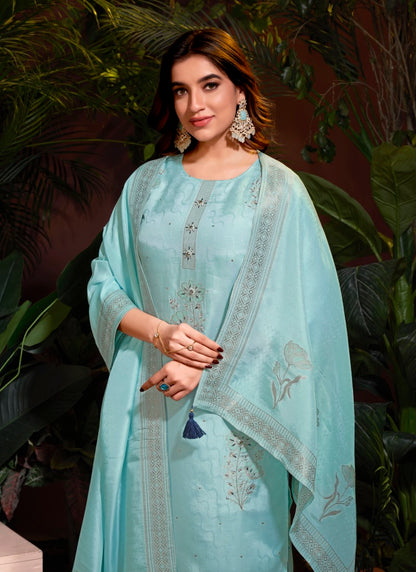 Sky Blue Viscose Pant Style Salwar Suit With Embroidery and Butti Work