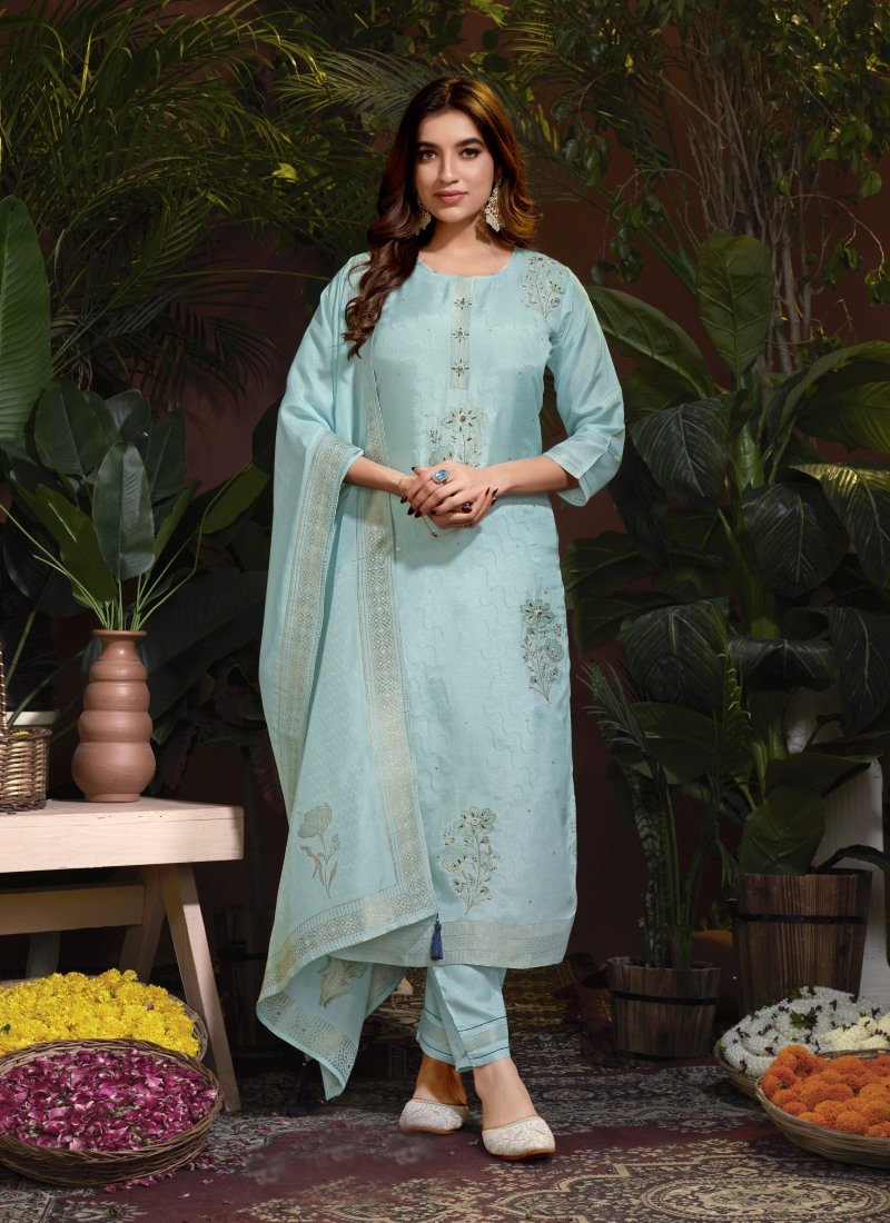 Sky Blue Viscose Pant Style Salwar Suit With Embroidery and Butti Work