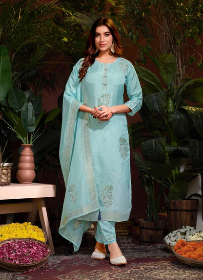 Sky Blue Viscose Pant Style Salwar Suit With Embroidery and Butti Work