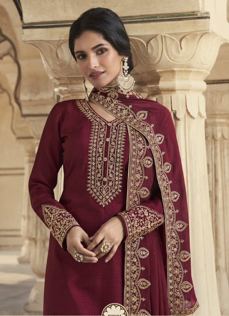 Maroon Silk Embroidered Straight Cut Palazzo Suit-2