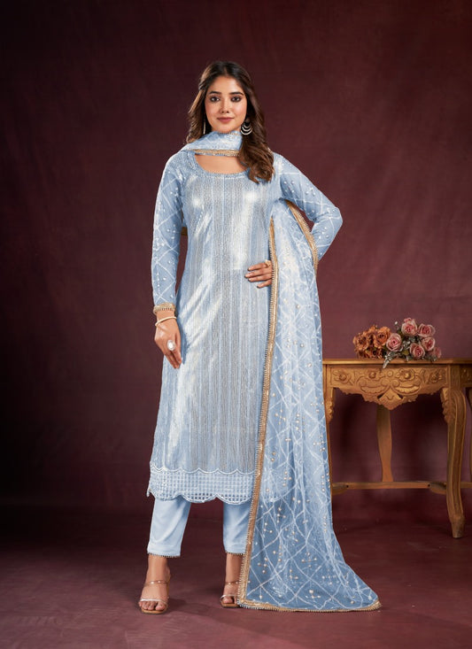 Sky Blue Pant Style Salwar Suit with Thread and Sequins Work