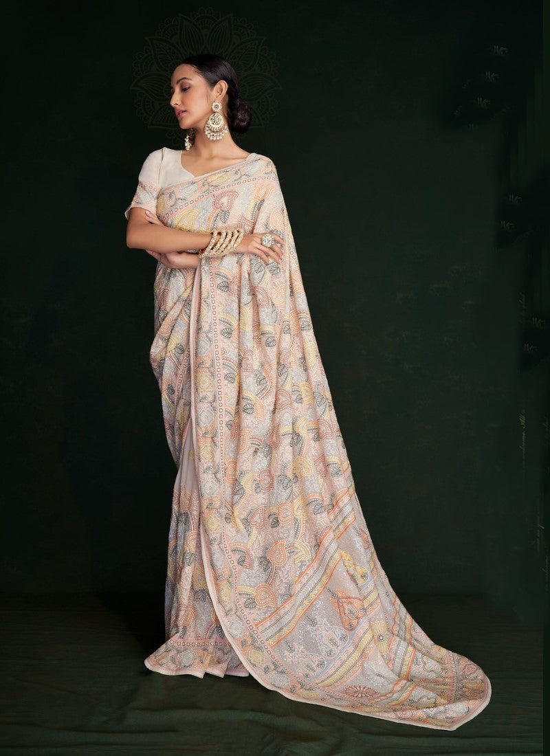 Light Pink Georgette Lucknowi Work Saree