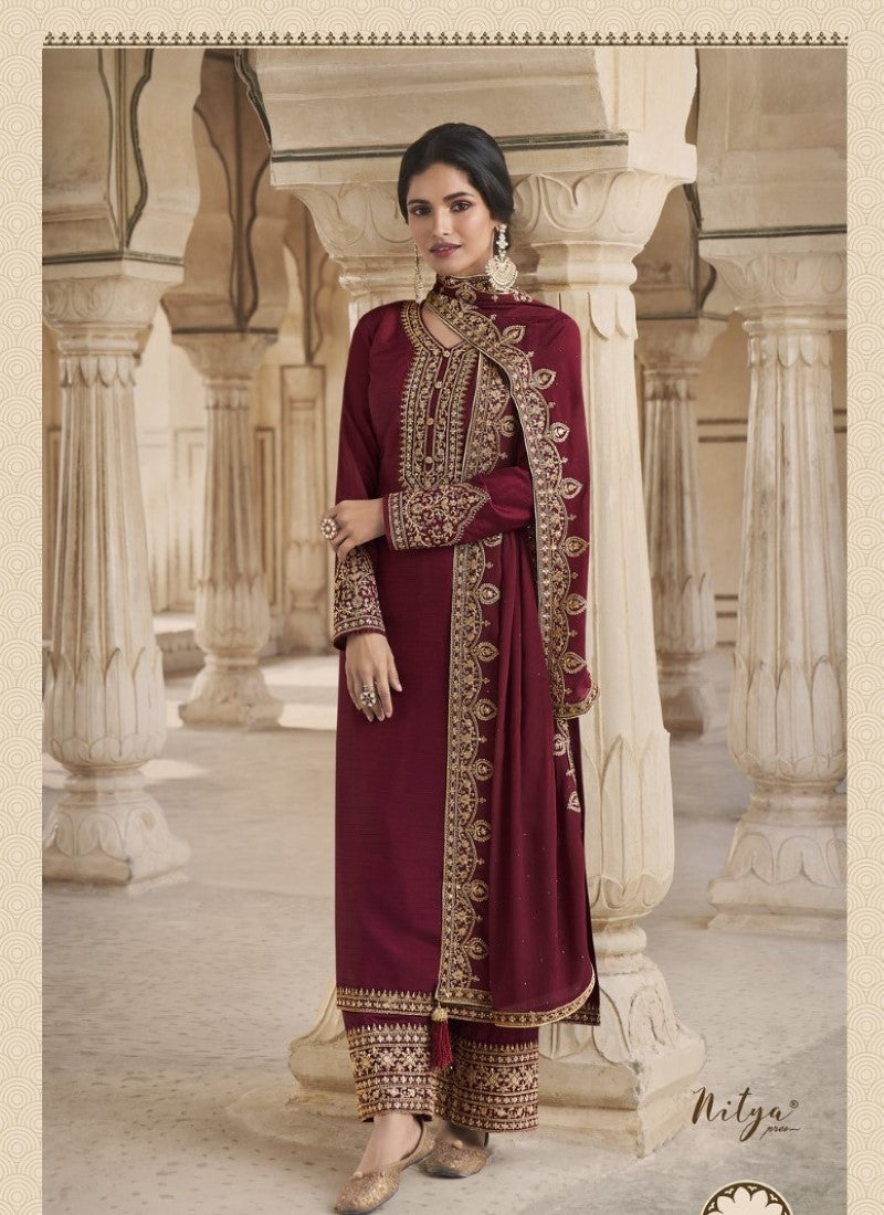 Maroon Silk Embroidered Straight Cut Palazzo Suit-2