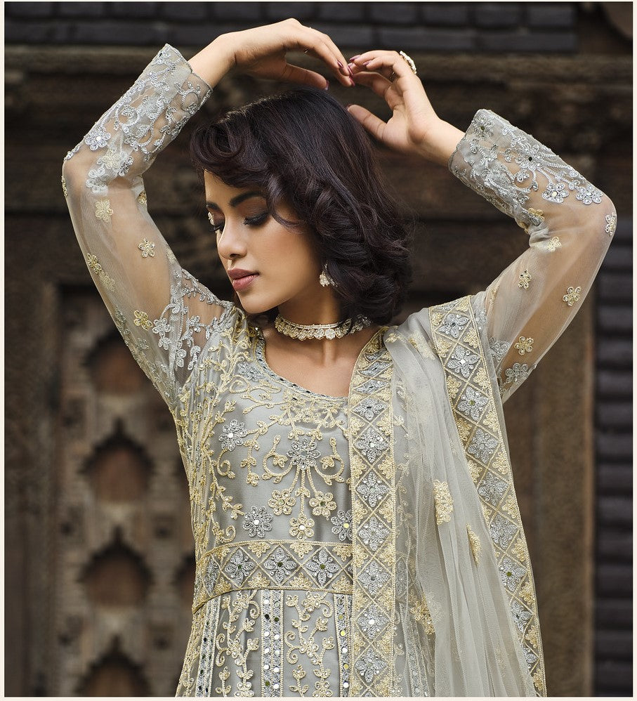 Beige Net Abaya Suit with Embroidery and Stone Work-2