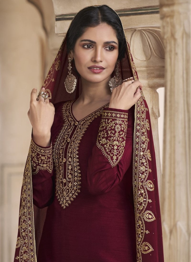 Maroon Silk Embroidered Straight Cut Palazzo Suit-2