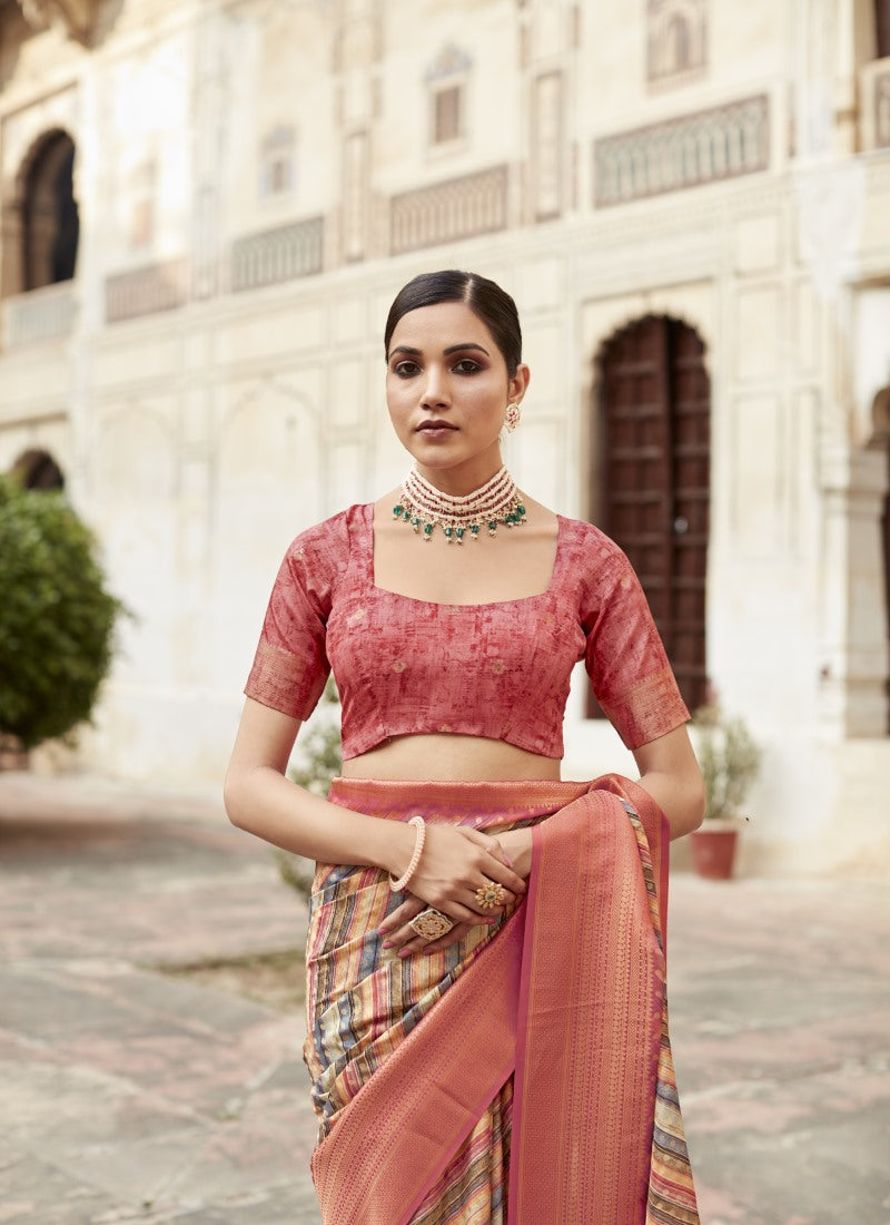 Pink Silk Saree With Contrast Border and Zari Work