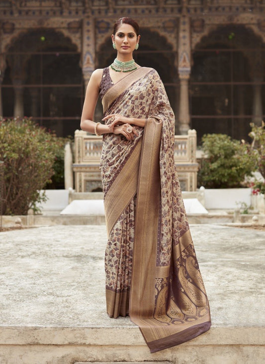 Brown Silk Saree With Contrast Border and Zari Work