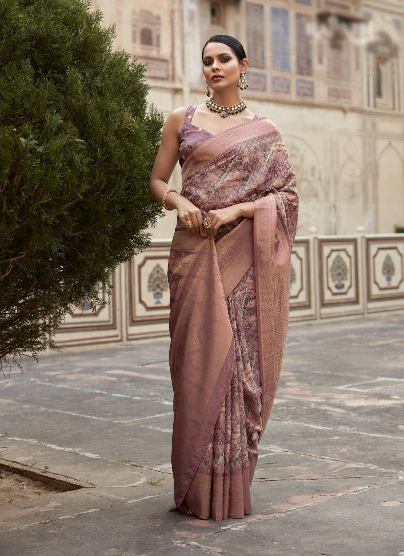 Light Purple Silk Saree With Contrast Border and Zari Work