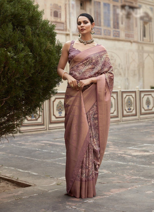 Light Purple Silk Saree With Contrast Border and Zari Work