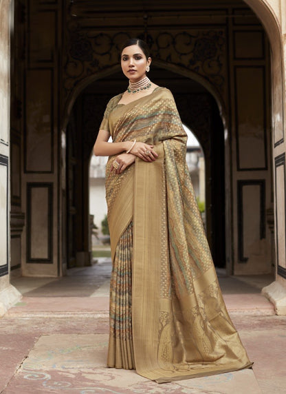 Pista Green Silk Saree With Contrast Border and Zari Work