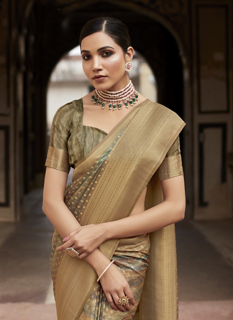 Pista Green Silk Saree With Contrast Border and Zari Work