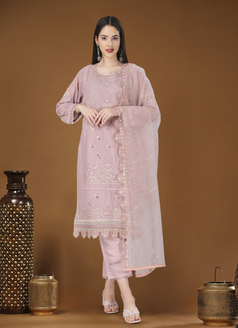 Pink Georgette Straight Cut Pant Style Salwar Suit