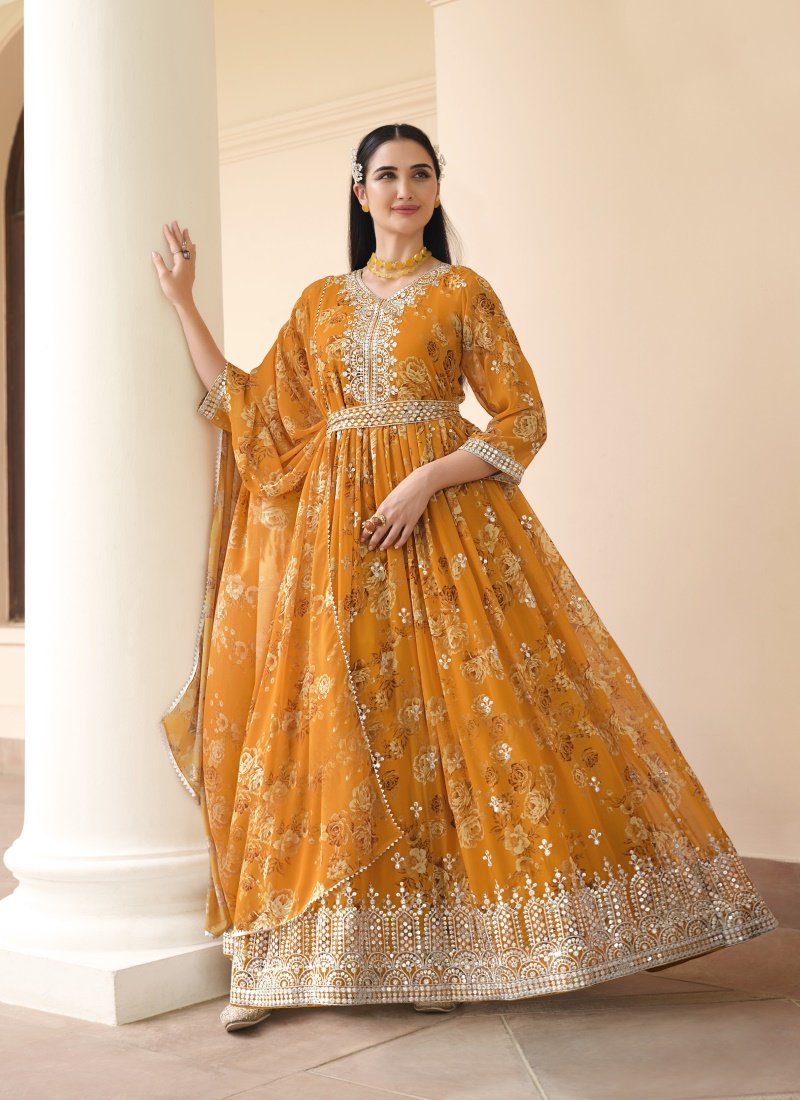 Mustard Georgette Digital Print Anarkali Suit