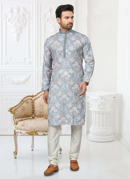 Blue Cotton Digital Print Kurta Pajama-2