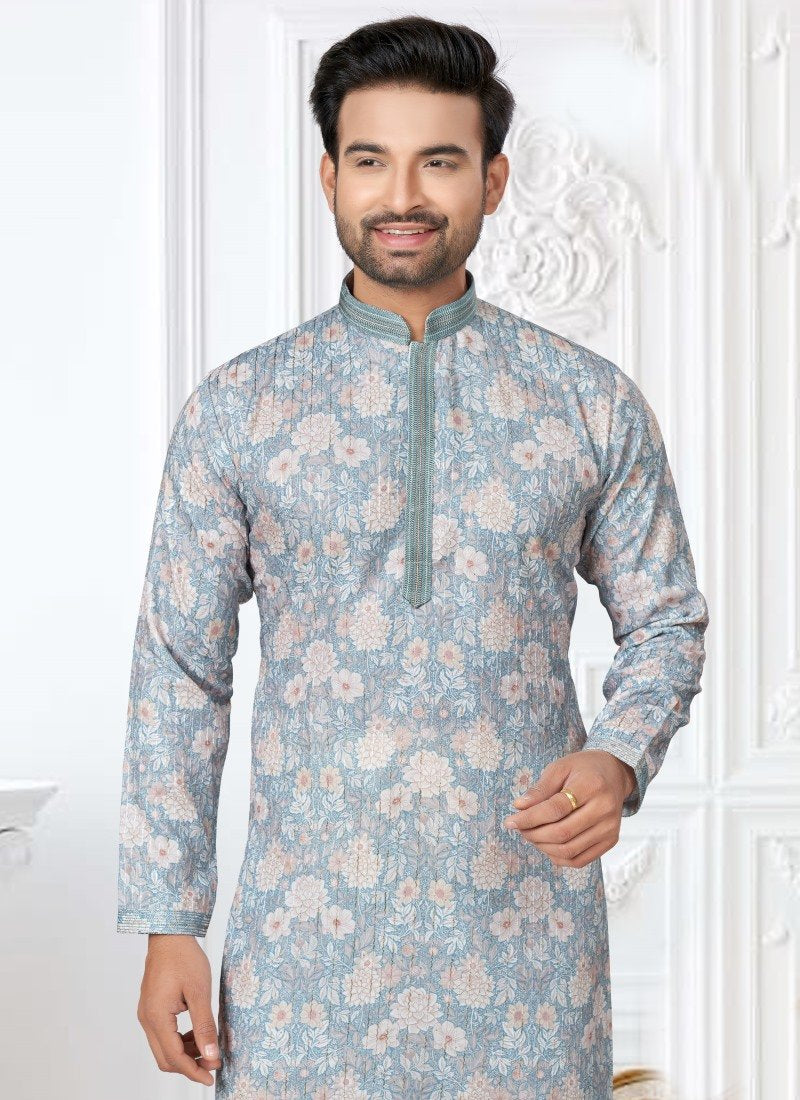 Blue Cotton Digital Print Kurta Pajama-2