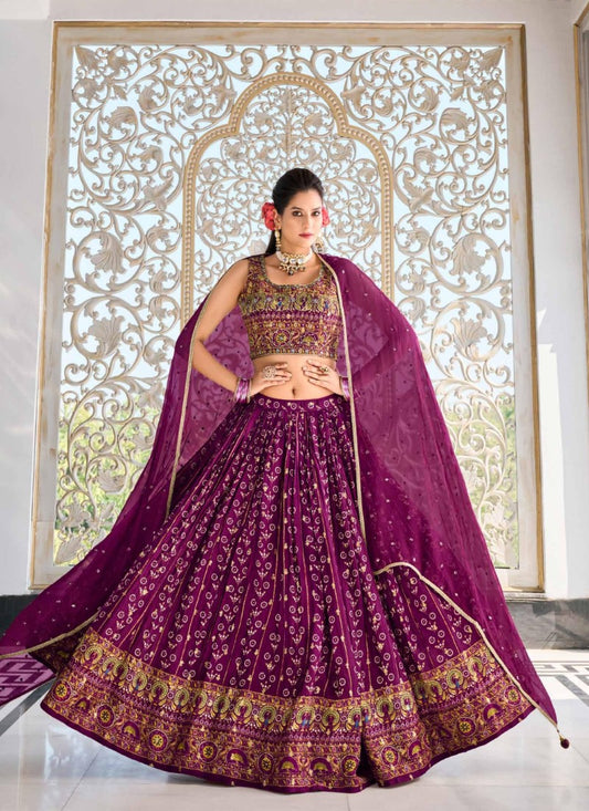 Purple Muslin Lehenga Choli With Sequins work