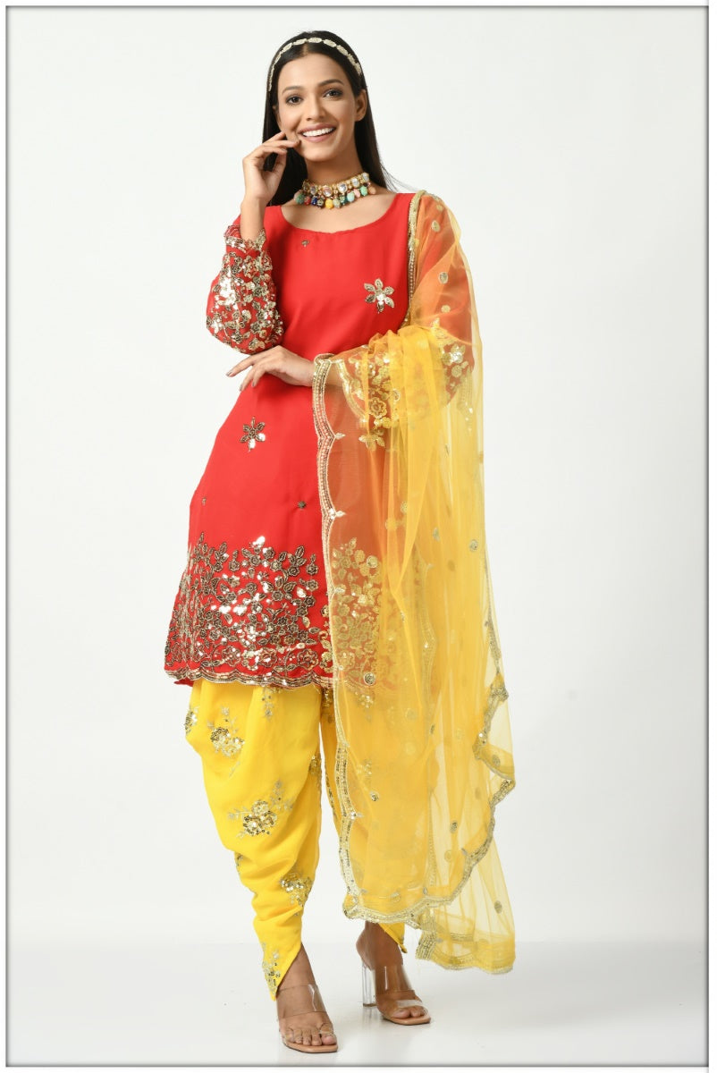 Orange Georgette Patiala Punjabi Suit With Sequins Work