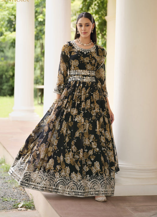 Black Georgette Digital Print Anarkali Suit