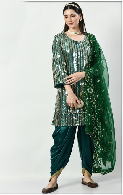 Green Georgette Patiala Punjabi Suit With Sequins Work-2