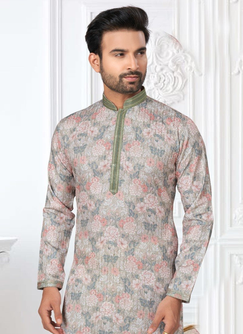 Light Green Cotton Digital Print Kurta Pajama-2