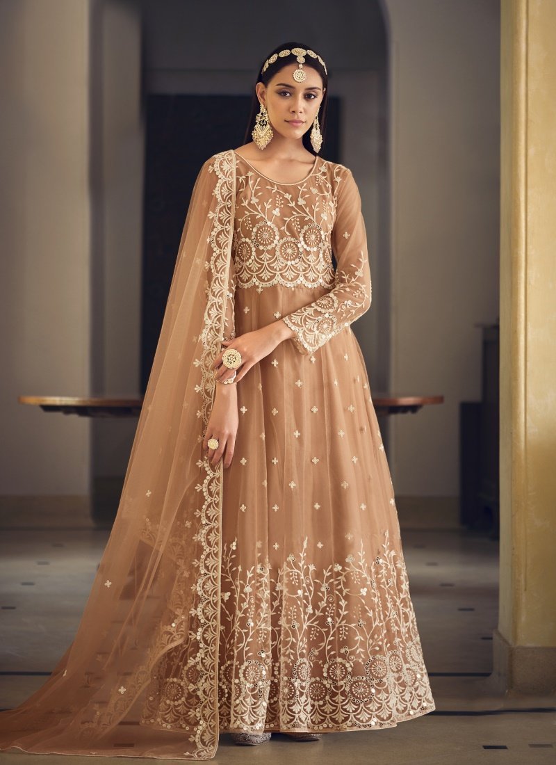 Light Brown Net Embroidered Anarkali Suit With Sequins Work