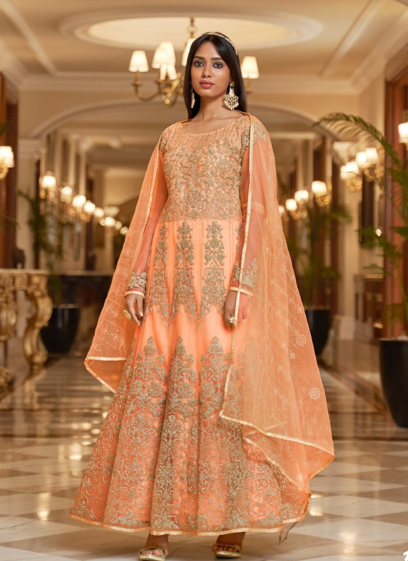 Peach Long Anarkali Suit With Embroidery Work