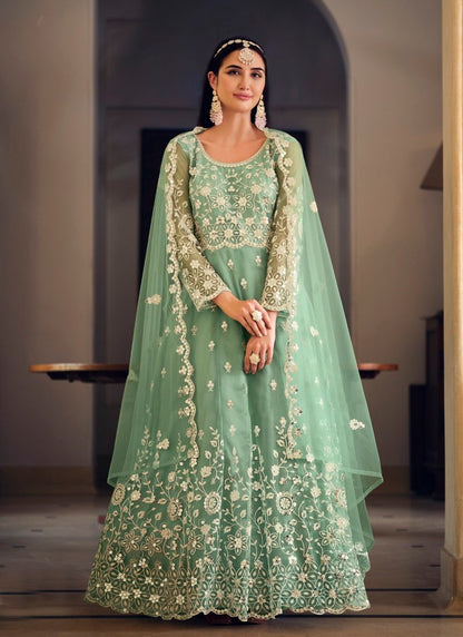 Light Green Net Embroidered Anarkali Suit With Sequins Work