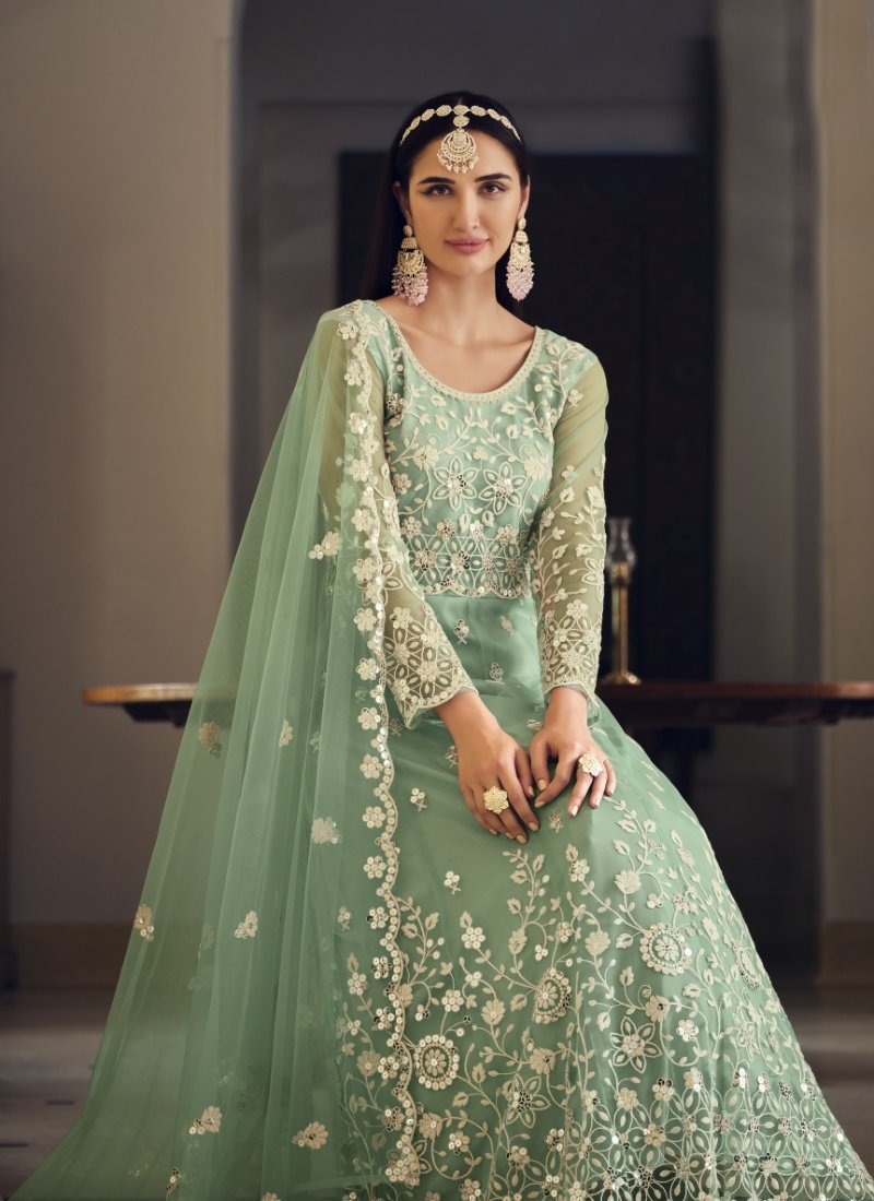 Light Green Net Embroidered Anarkali Suit With Sequins Work-2