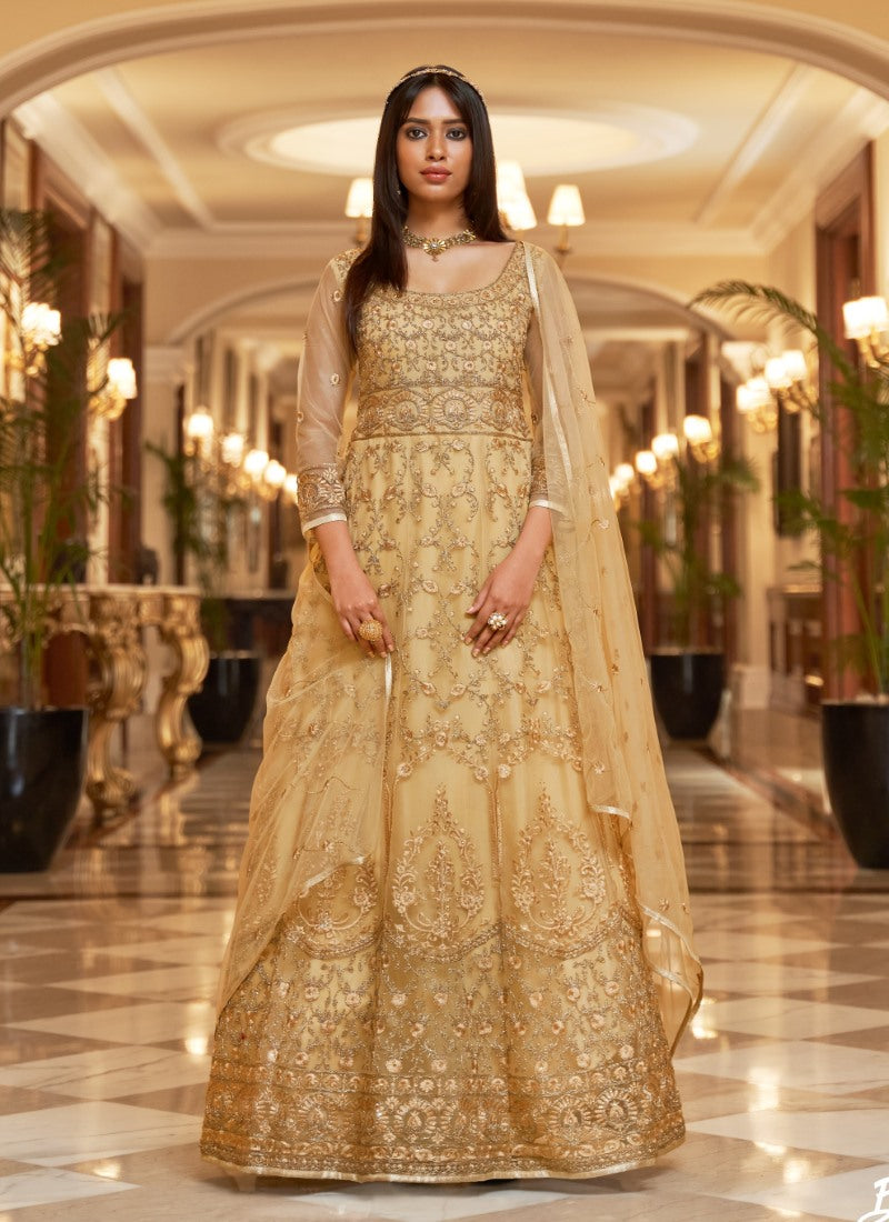 Golden Long Anarkali Suit With Embroidery Work