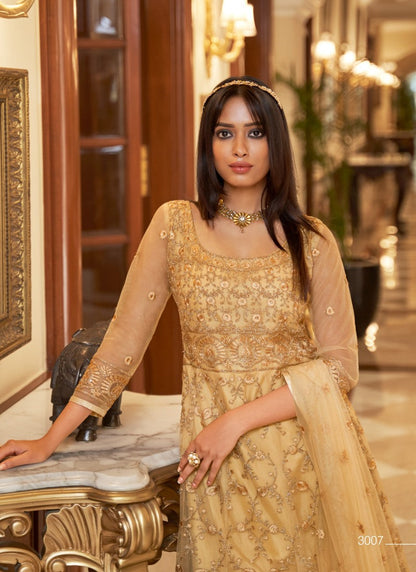 Golden Long Anarkali Suit With Embroidery Work