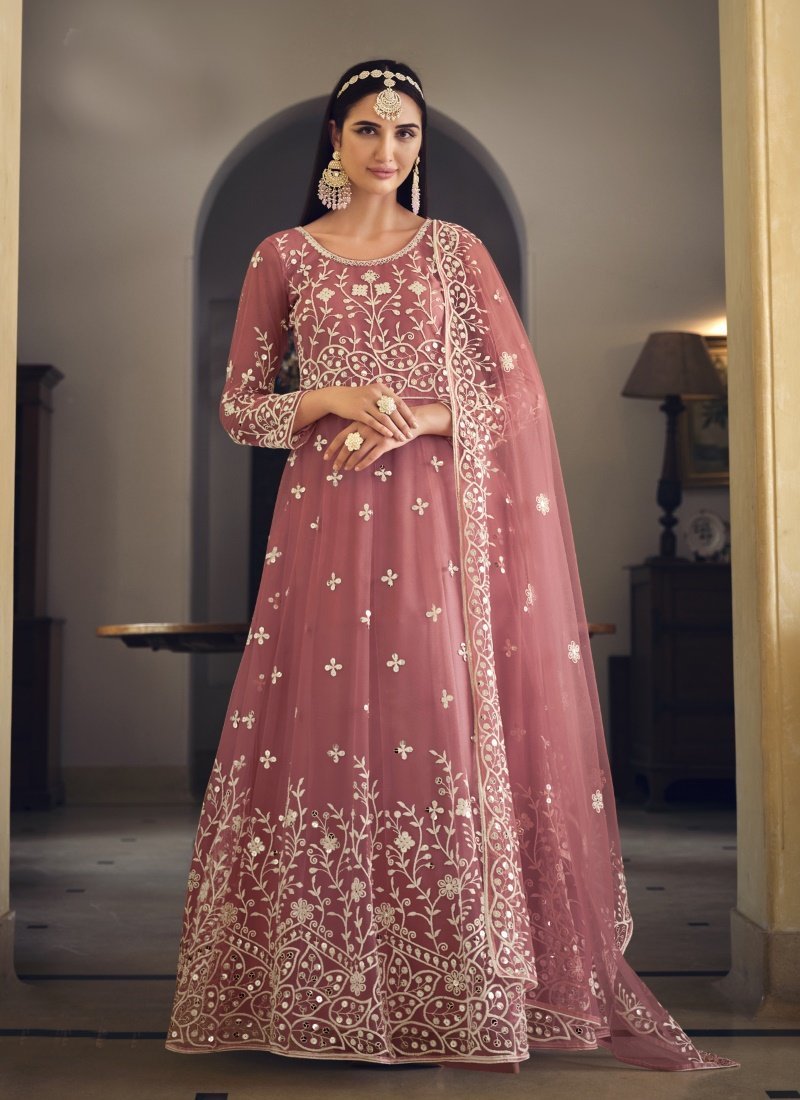 Light Purple Net Embroidered Anarkali Suit With Sequins Work