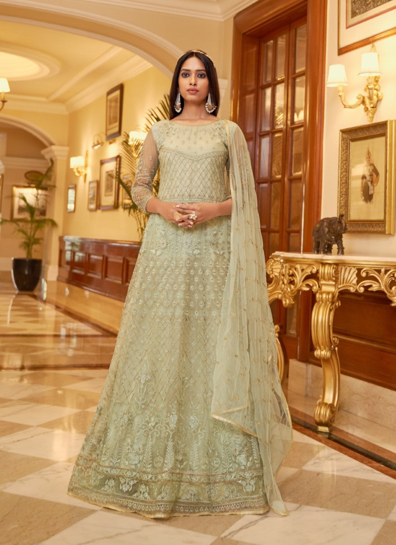 Green Long Anarkali Suit With Embroidery Work