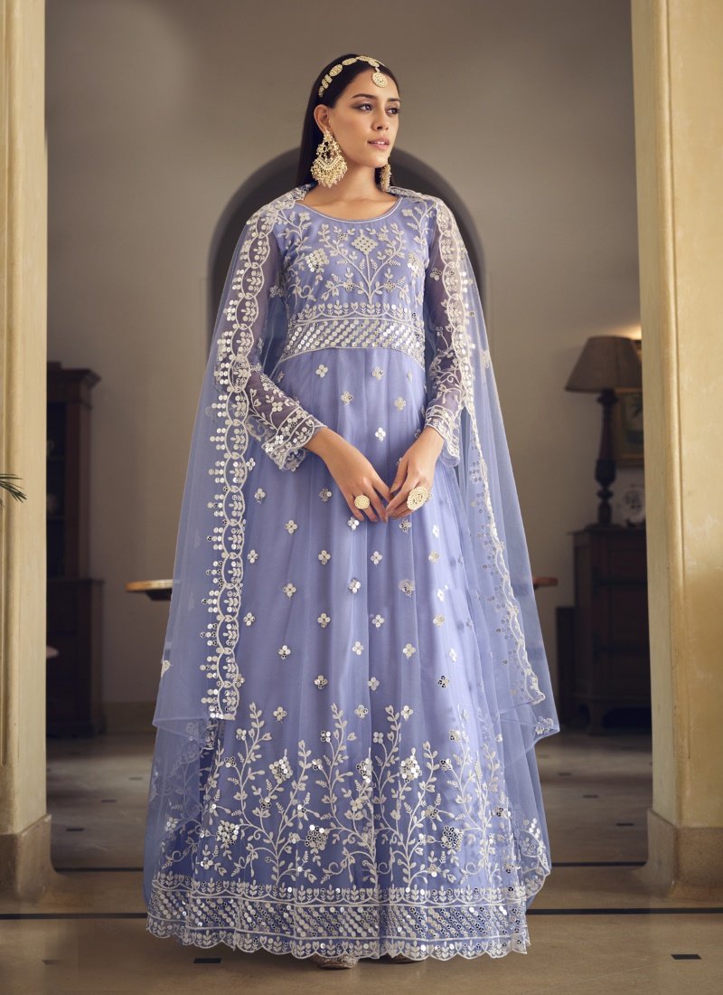 Light Blue Net Embroidered Anarkali Suit With Sequins Work