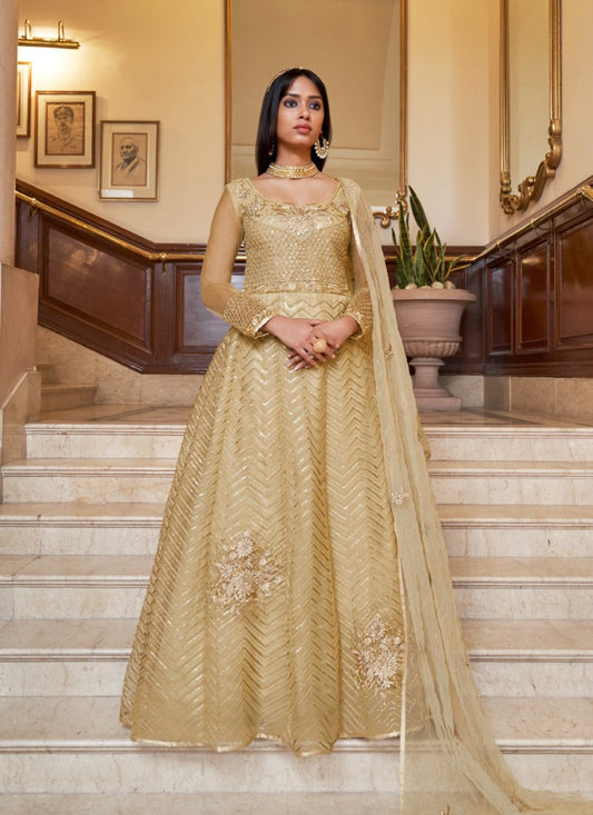 Beige Long Anarkali Suit With Embroidery Work