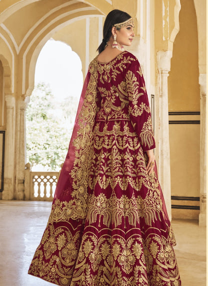 Maroon Velvet Anarkali Suit For Bridal With Embroidery Work & Zarkan Work-2