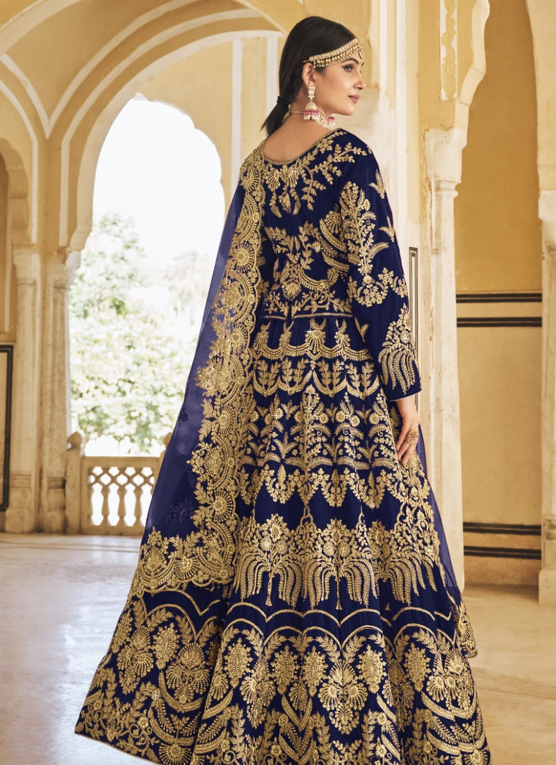 Blue Velvet Anarkali Suit For Bridal With Embroidery Work & Zarkan Work-2