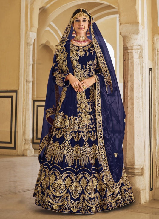 Blue Velvet Anarkali Suit For Bridal With Embroidery Work & Zarkan Work