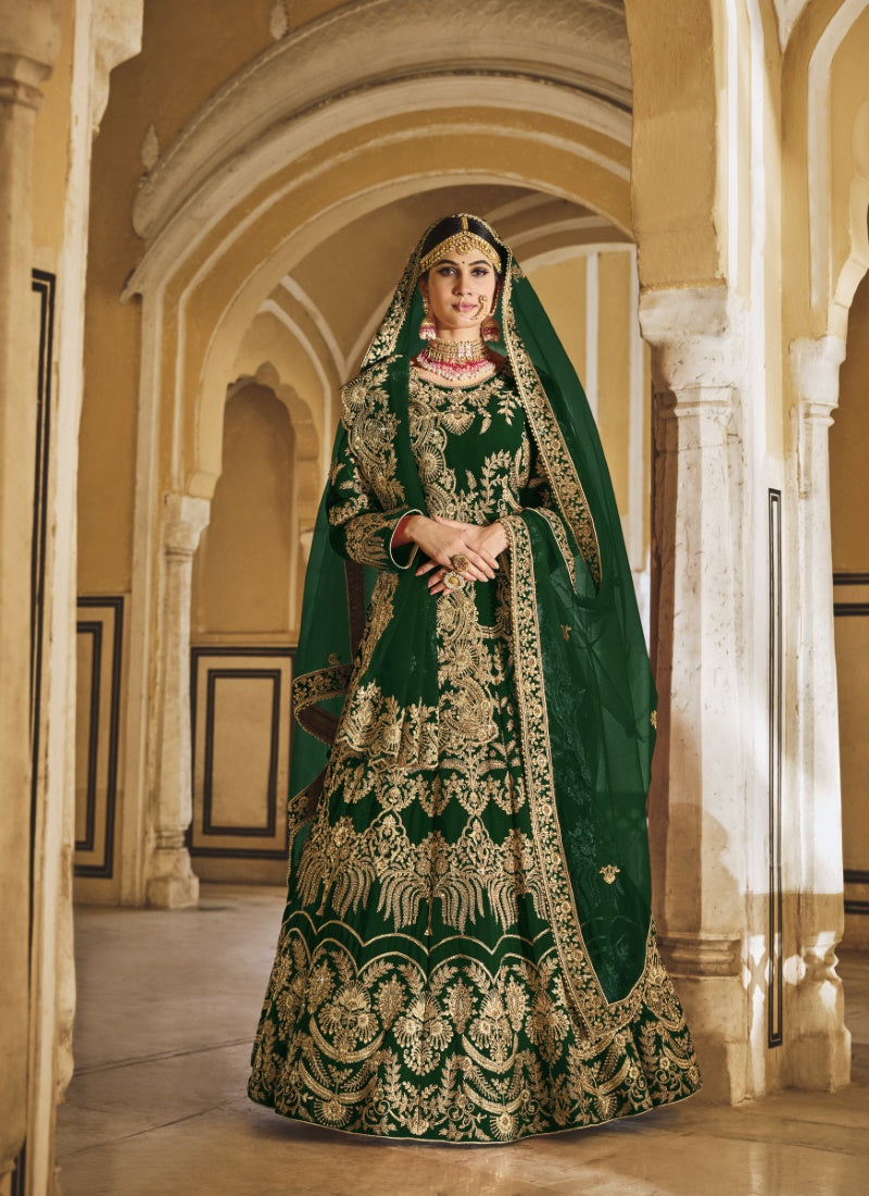 Green Velvet Anarkali Suit For Bridal With Embroidery Work & Zarkan Work