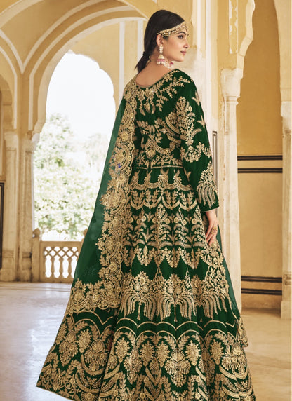 Green Velvet Anarkali Suit For Bridal With Embroidery Work & Zarkan Work-2