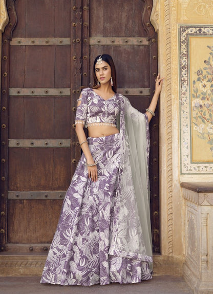 Purple Silk Crop Top Lehenga Choli With Lace Border-2