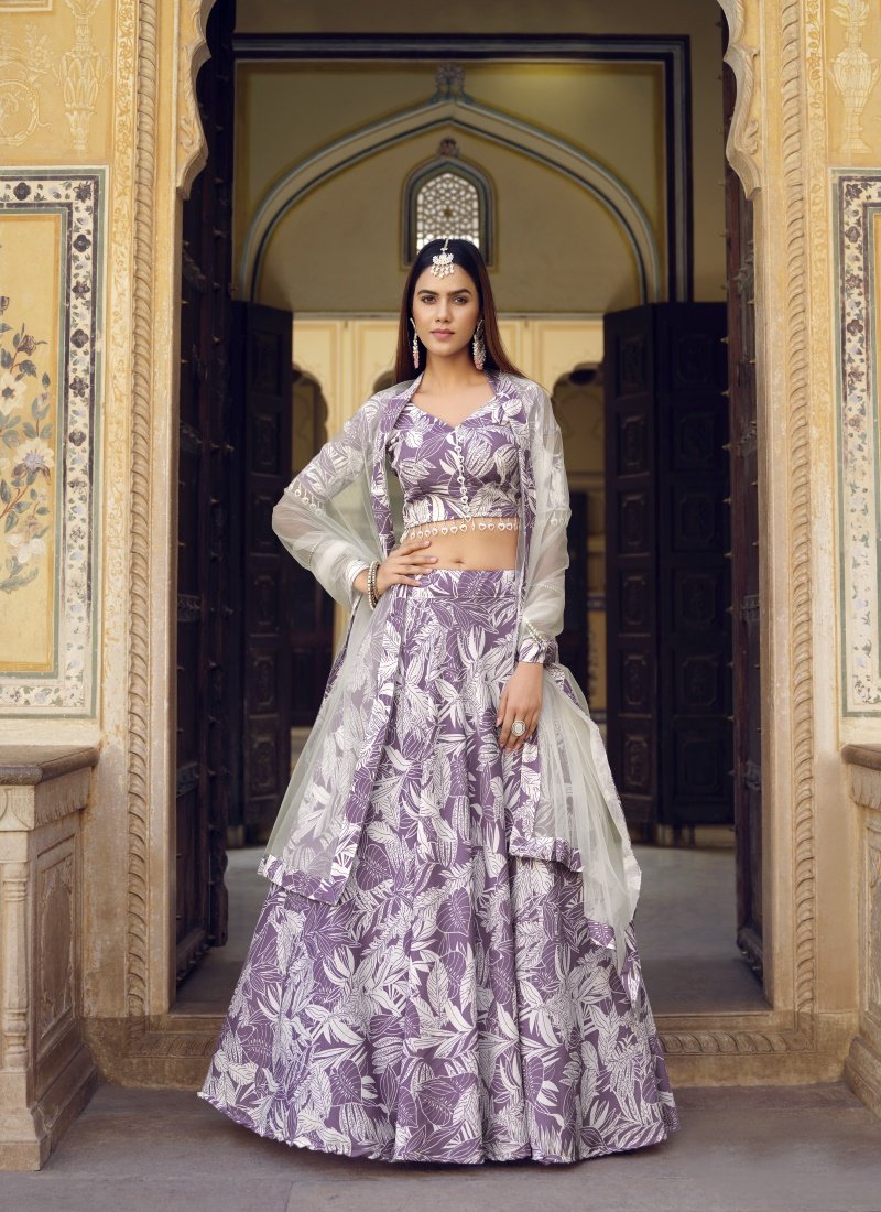 Purple Silk Crop Top Lehenga Choli With Lace Border