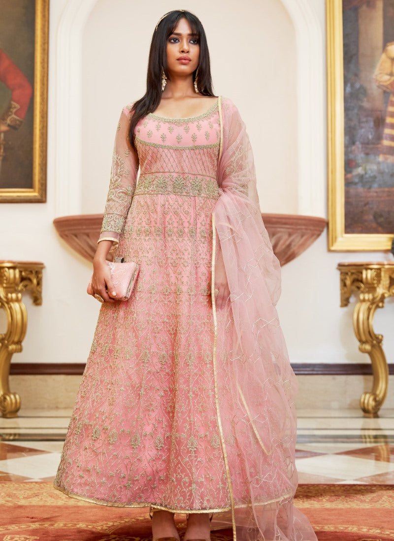 Pink Long Anarkali Suit With Embroidery Work