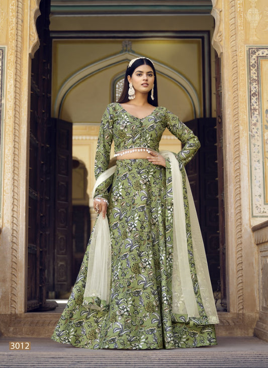 Green Silk Crop Top Lehenga Choli With Lace Border