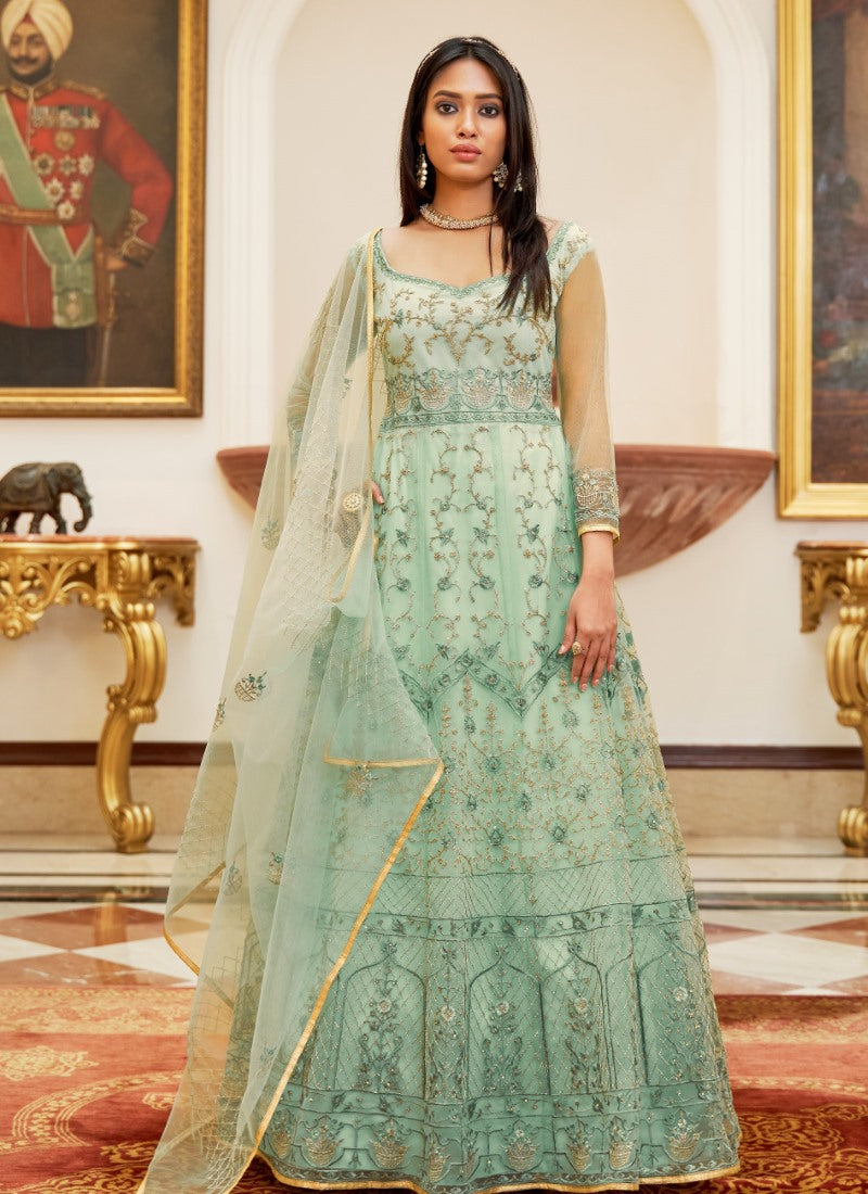 Sea Green Long Anarkali Suit With Embroidery Work